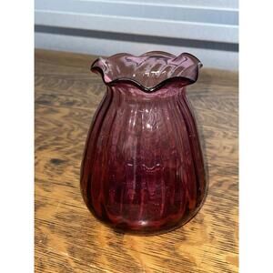 Vintage Pilgrim Cranberry Glass Vase Hand Blown Ruffled Edge Beautiful